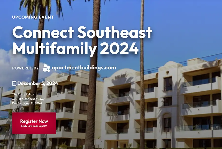 Promotional banner for the "Connect Southeast Multifamily 2024" event featuring a modern apartment building with palm trees in the foreground. The event details, including the date, December 5, 2024, location at The Rusty Pelican in Key Biscayne, FL, and early bird registration deadline, are prominently displayed. The design encourages participation in this networking event for the multifamily real estate industry.