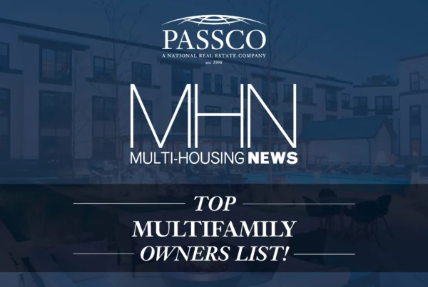 A promotional graphic for "MHN Multi-Housing News" featuring the headline "Top Multifamily Owners List!" by Passco, a national real estate company established in 1998. The design includes a blurred background of a modern residential complex, emphasizing the brand's recognition in the multifamily housing sector.