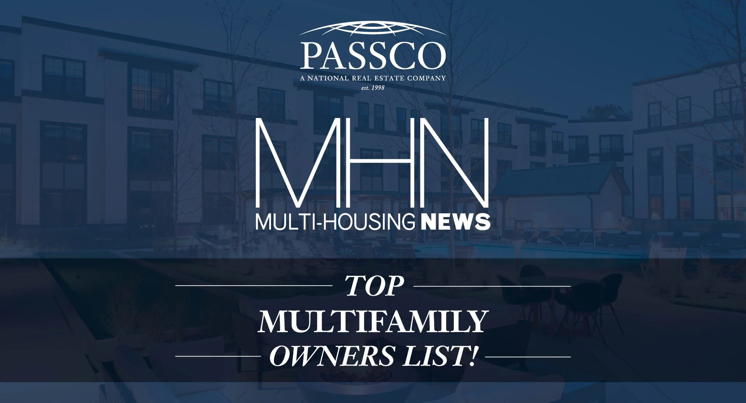 A promotional graphic for "MHN Multi-Housing News" featuring the headline "Top Multifamily Owners List!" by Passco, a national real estate company established in 1998. The design includes a blurred background of a modern residential complex, emphasizing the brand's recognition in the multifamily housing sector.